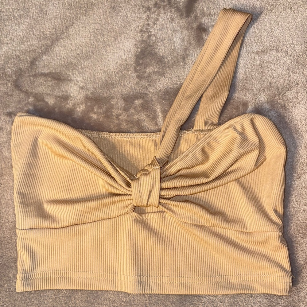 Cropped one-shoulder tan top